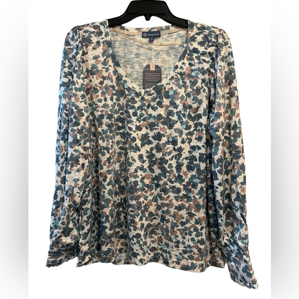 Democracy Teal Tan Blue Multi print V neck Long Sleeve Top